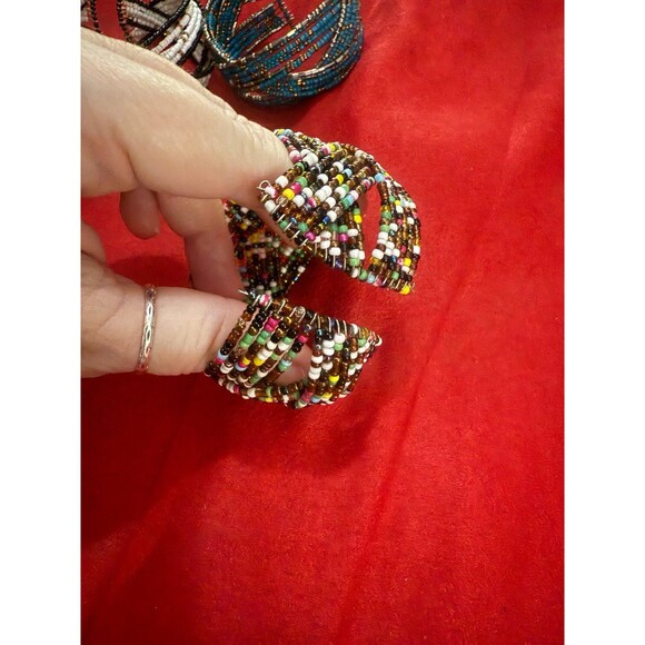 Set of 3 Seed Beaded Coil Wrap Bracelets: White, Teal, Multicolor Boho Gypsy - Picture 6 of 12